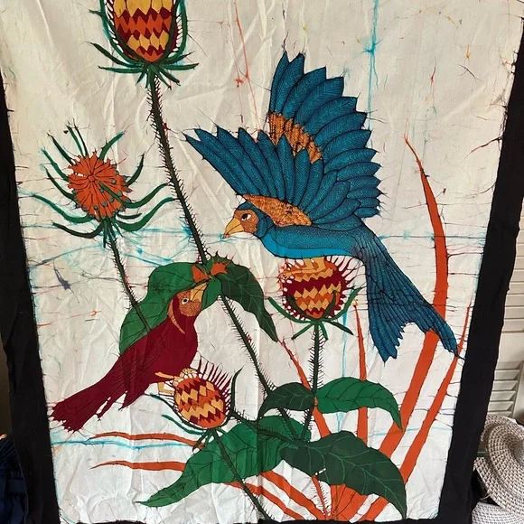 Artisan Handmade Batik Painting Cloth Wall Art Hanging Textile Birds Shibori NEW